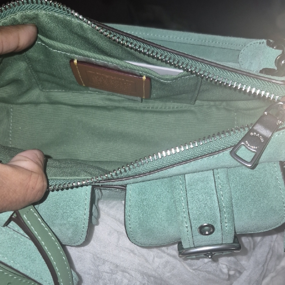 Coach Ashton Mint Green Suede Shoulder Bag with Buckle Pockets NWT - Picture 4 of 11